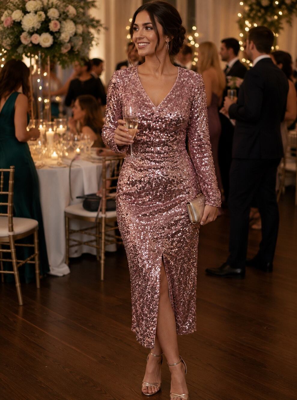 Melloday long sleeve pink sequin V-neck midi dress. Front Slit. Size XS NWOT